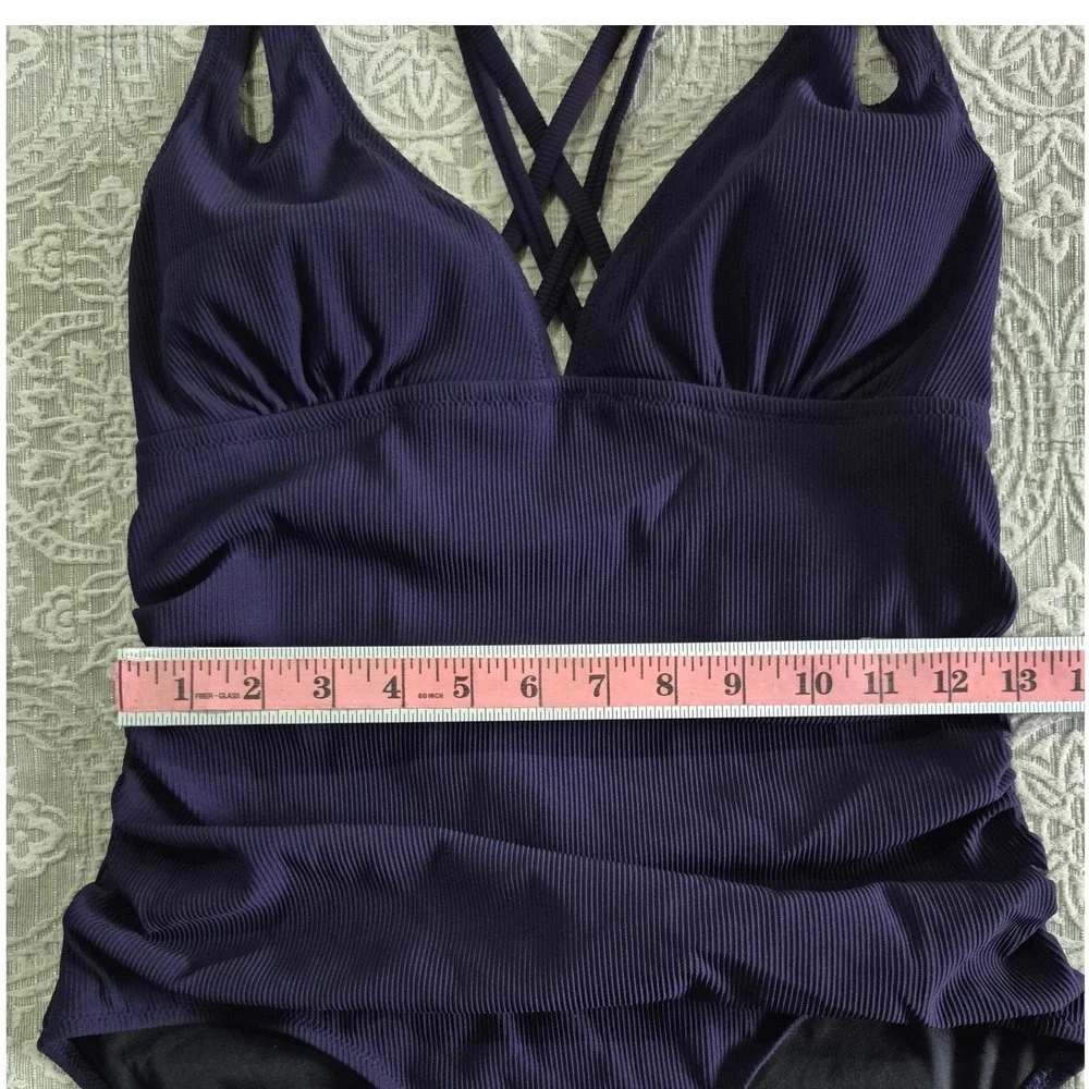 Charmo Womens Ribbed One Piece Swimsuit Purple Ruched Criss Cross Back UPF 50 L - Picture 3 of 6